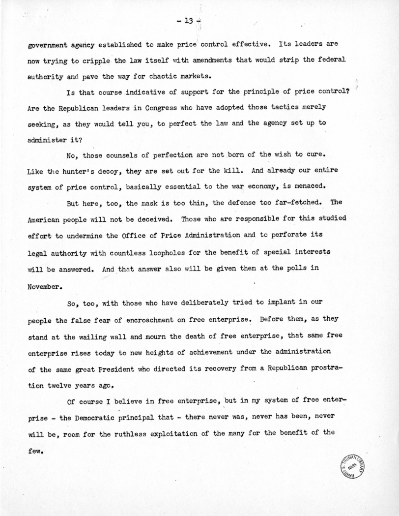 Speech of Senator Harry S. Truman to the Democratic State Convention at Denver, Colorado