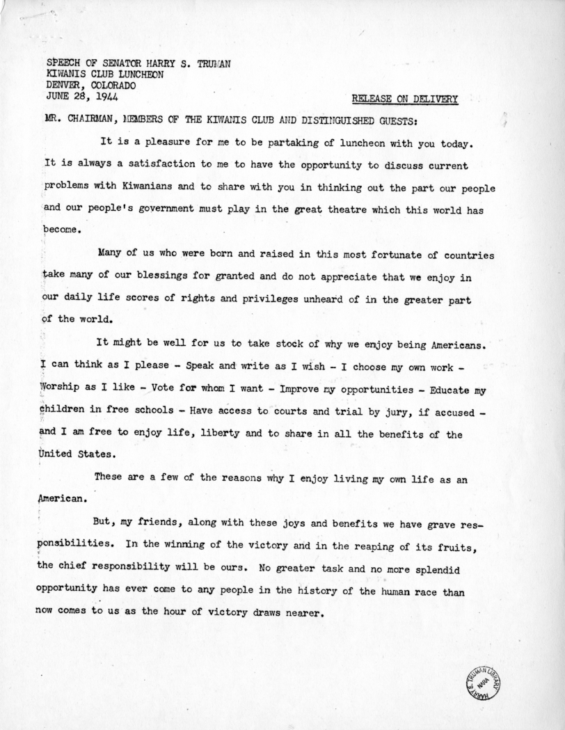 Speech of Senator Harry S. Truman to the Kiwanis Club at Denver, Colorado