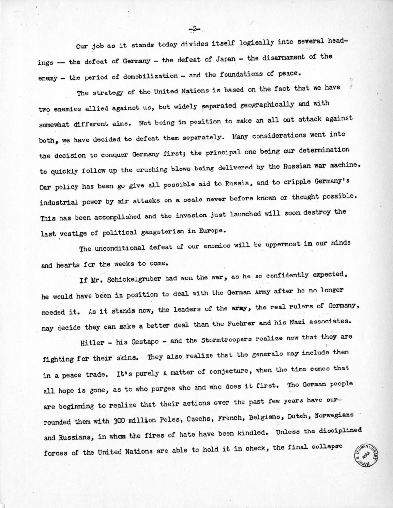 Speech of Senator Harry S. Truman to the Kiwanis Club at Denver, Colorado