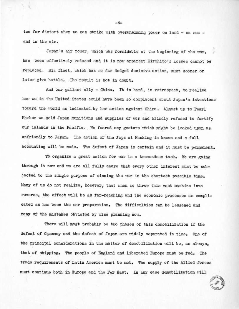 Speech of Senator Harry S. Truman to the Kiwanis Club at Denver, Colorado