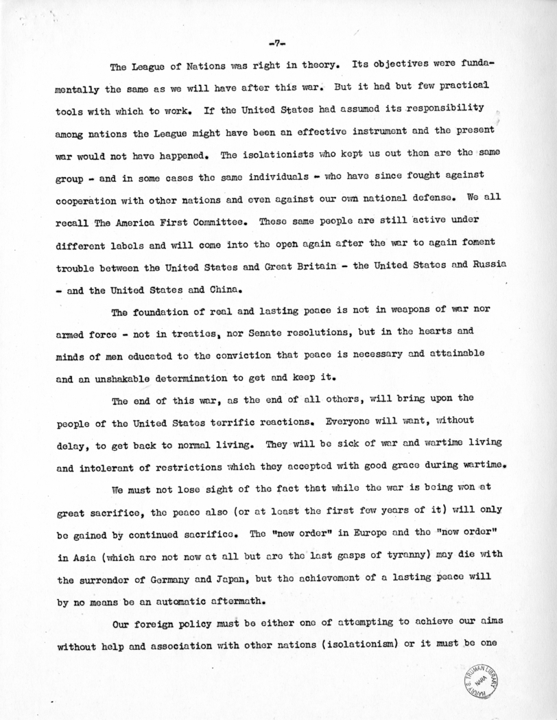Speech of Senator Harry S. Truman to the Kiwanis Club at Denver, Colorado