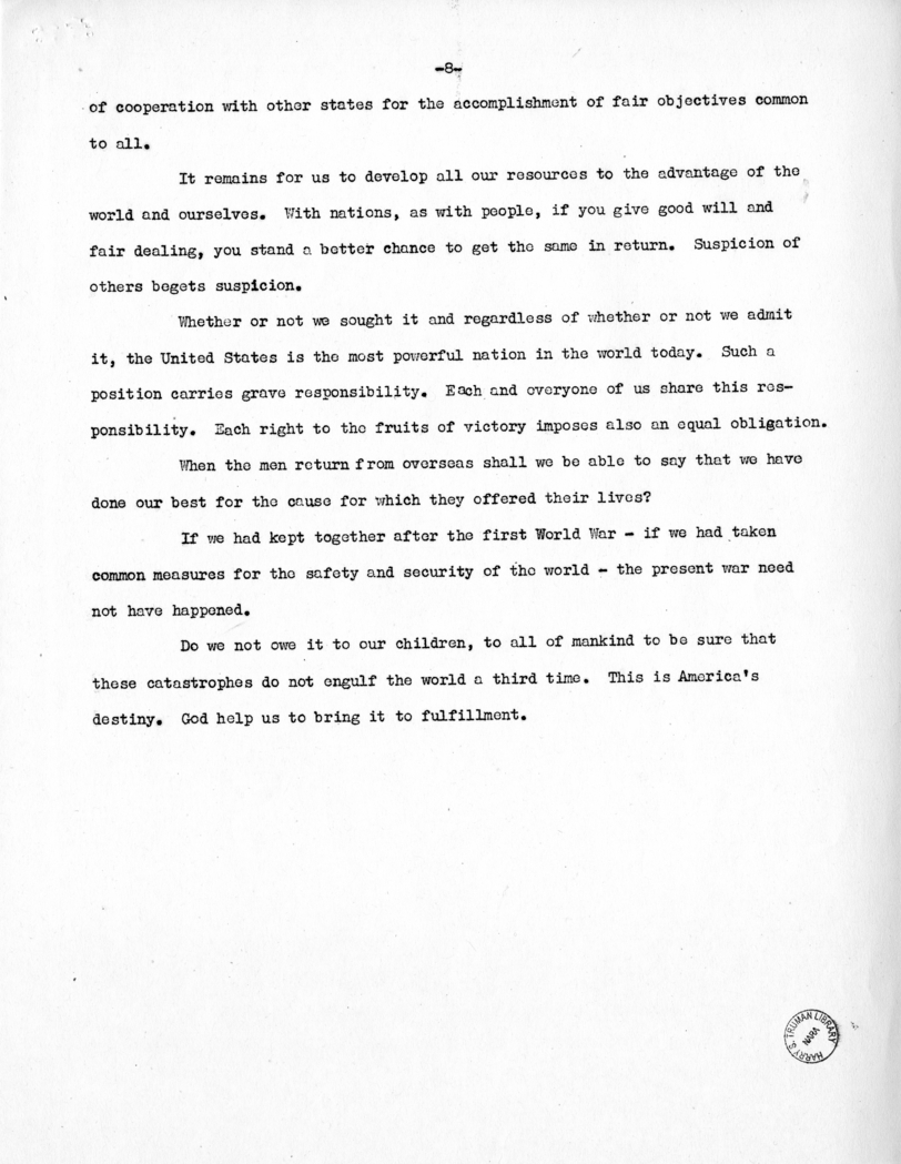 Speech of Senator Harry S. Truman to the Kiwanis Club at Denver, Colorado