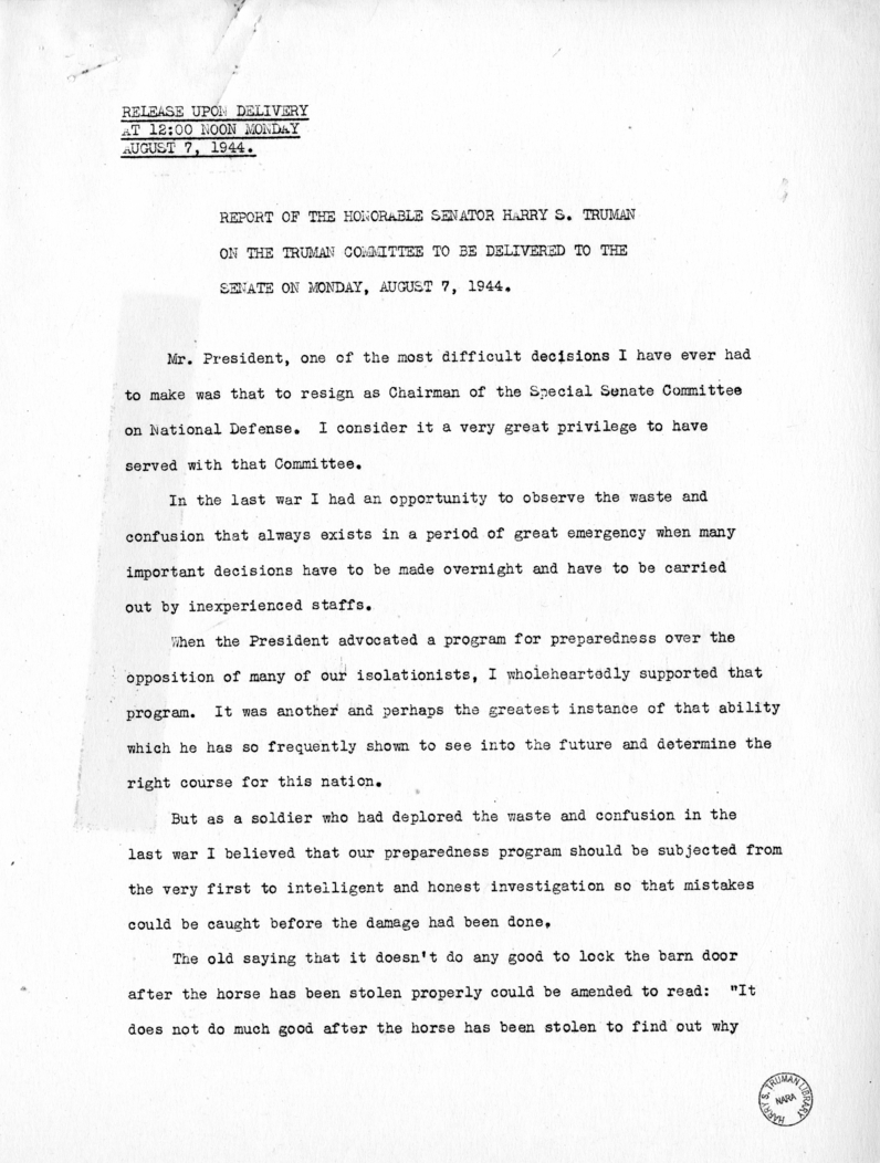 Report of Senator Harry S. Truman on the Truman Committee