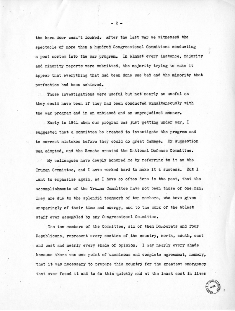 Report of Senator Harry S. Truman on the Truman Committee