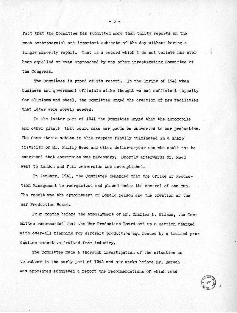 Report of Senator Harry S. Truman on the Truman Committee