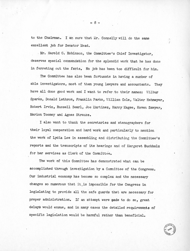 Report of Senator Harry S. Truman on the Truman Committee