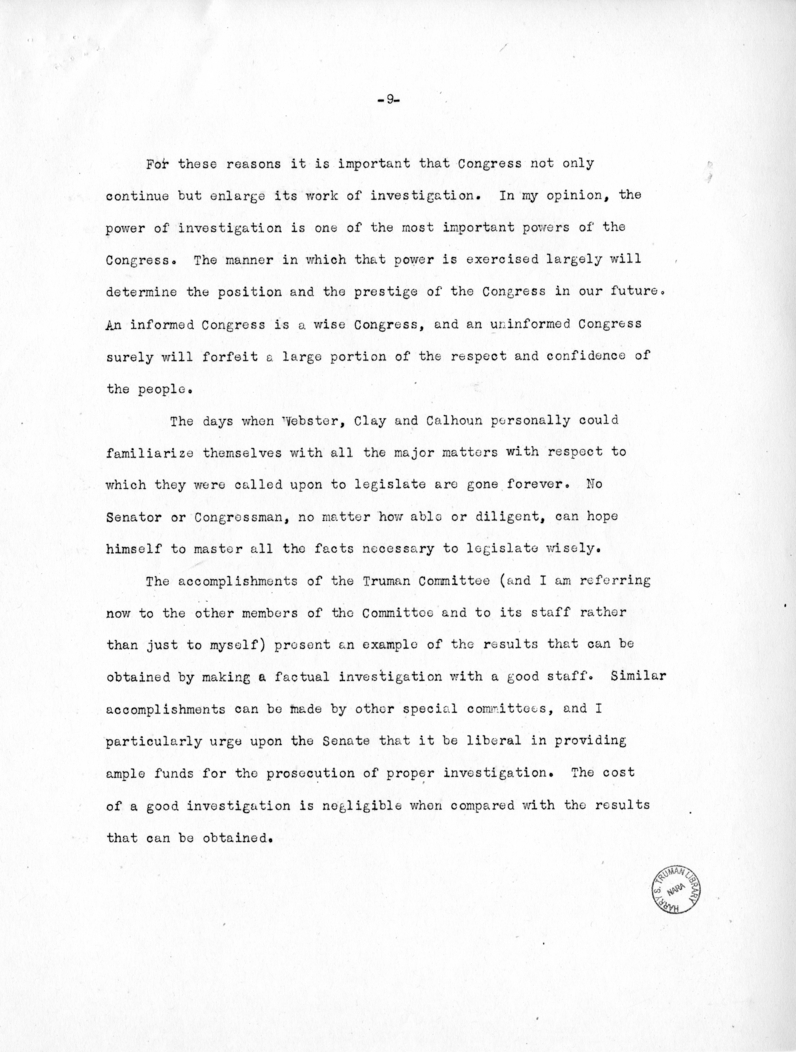 Report of Senator Harry S. Truman on the Truman Committee