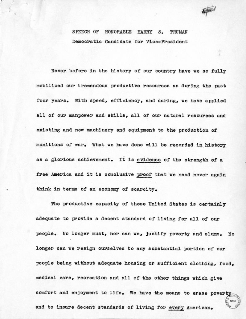 Speech of Vice Presidential Candidate Harry S. Truman