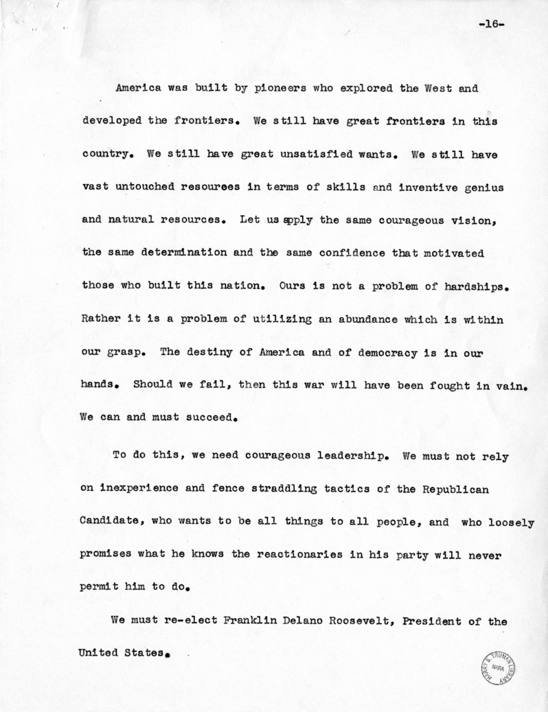Speech of Vice Presidential Candidate Harry S. Truman