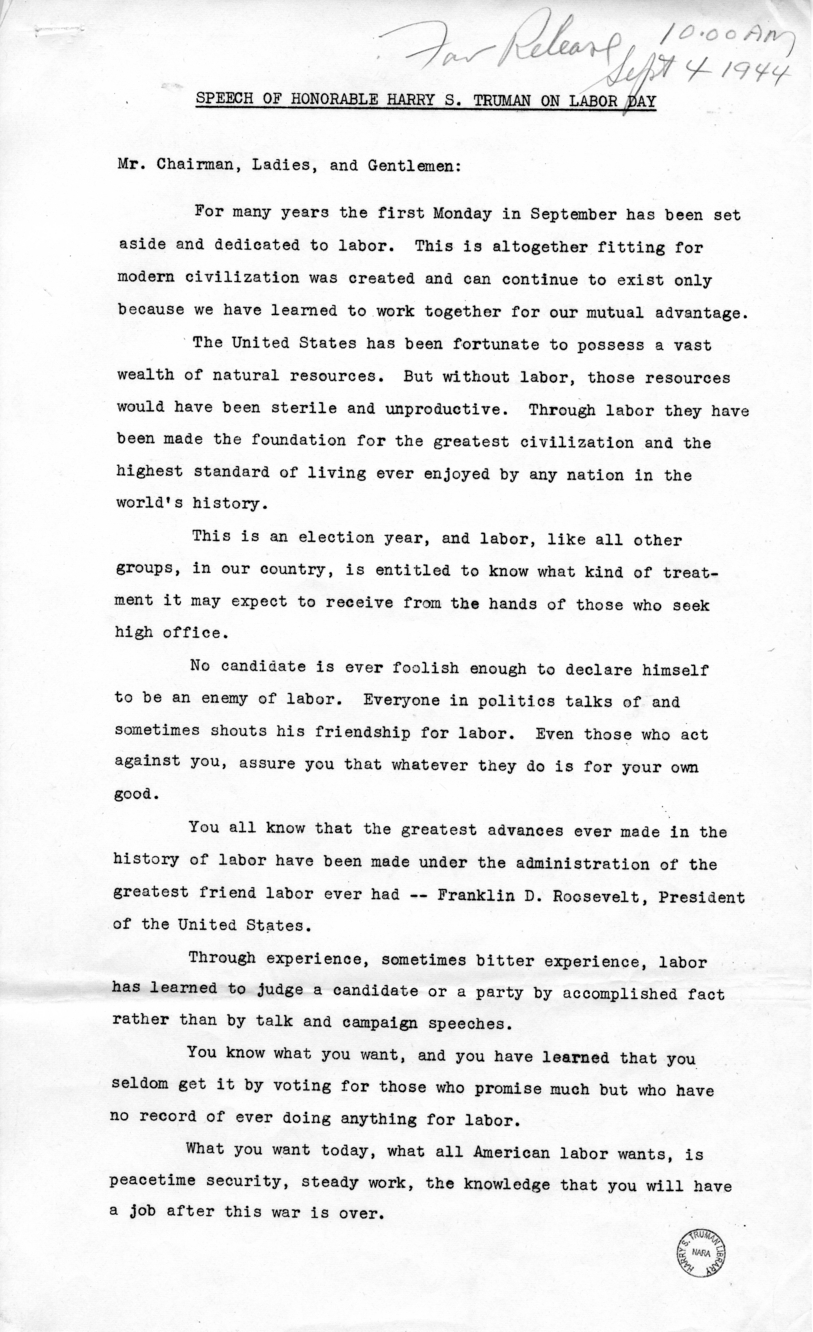 Speech of Honorable Harry S. Truman at Detroit, Michigan