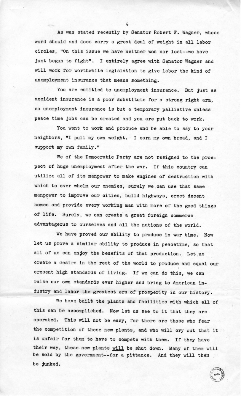 Speech of Honorable Harry S. Truman at Detroit, Michigan