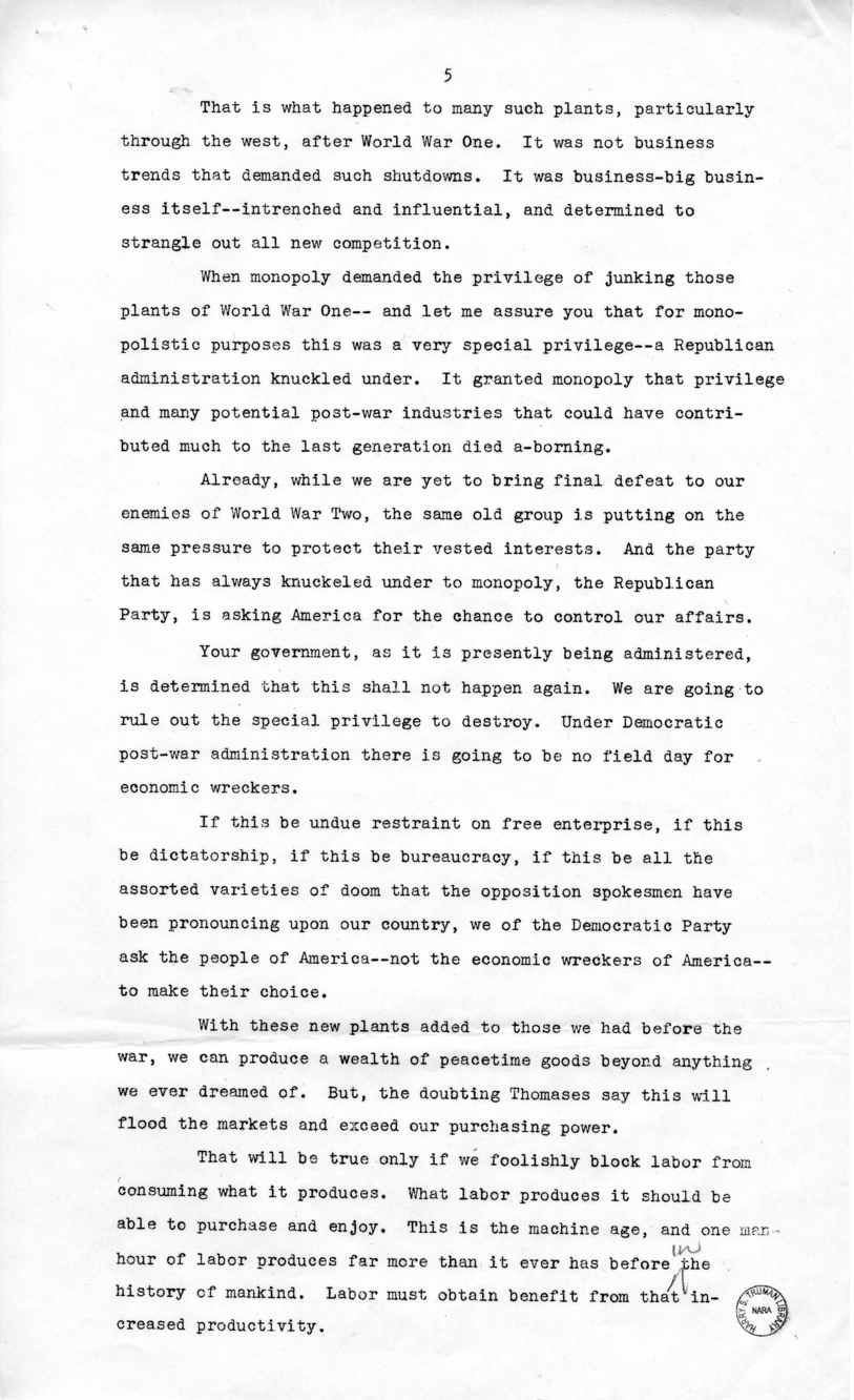Speech of Honorable Harry S. Truman at Detroit, Michigan
