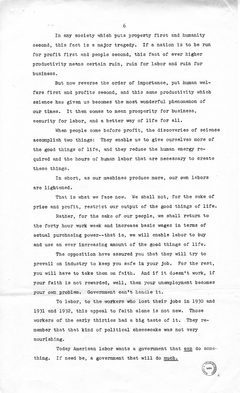 Speech of Honorable Harry S. Truman at Detroit, Michigan