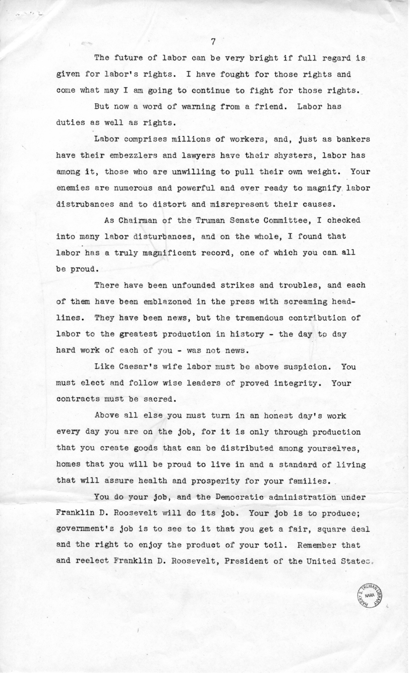 Speech of Honorable Harry S. Truman at Detroit, Michigan