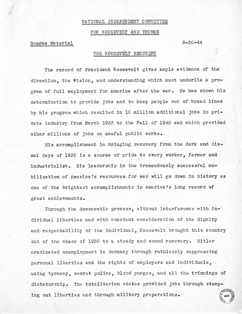 National Independent Committee for Roosevelt and Truman - Source Material
