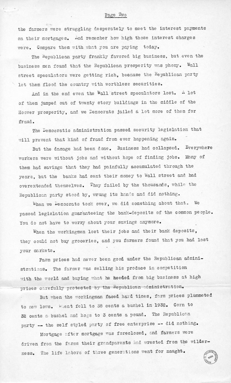 Speech of Honorable Harry S. Truman at Peoria, Illinois