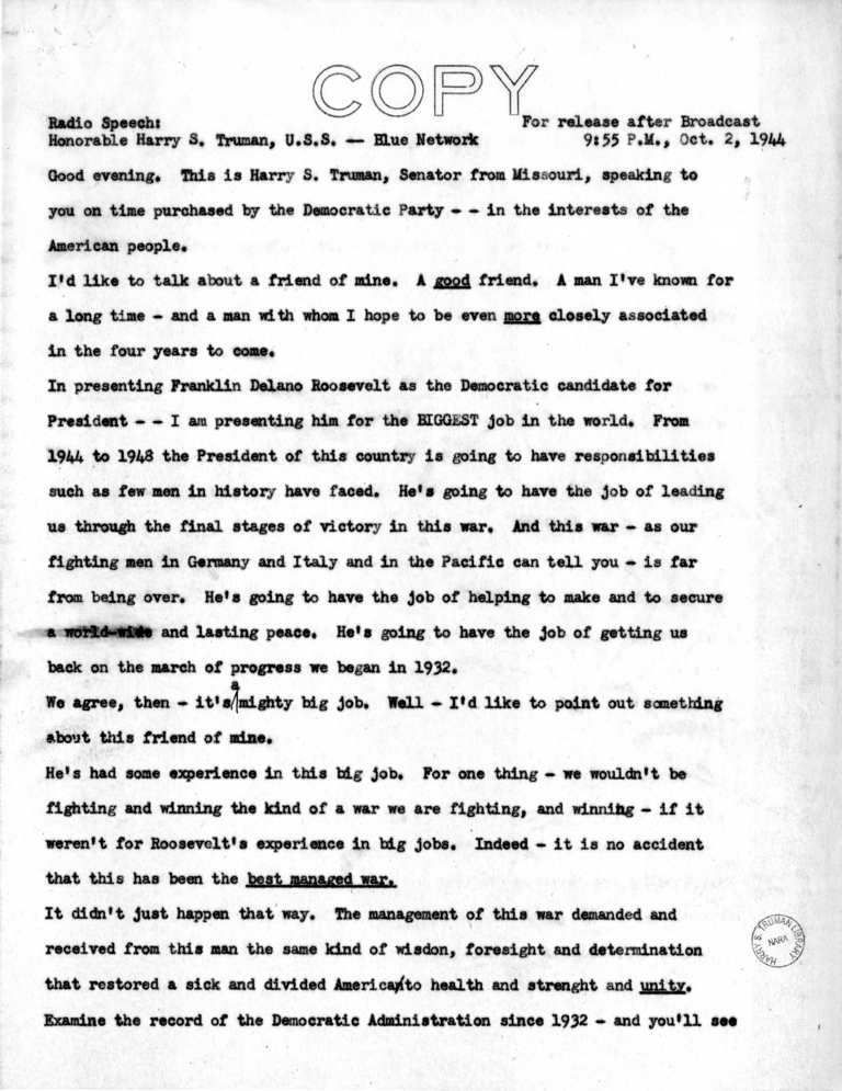Radio Speech of Senator Harry S. Truman