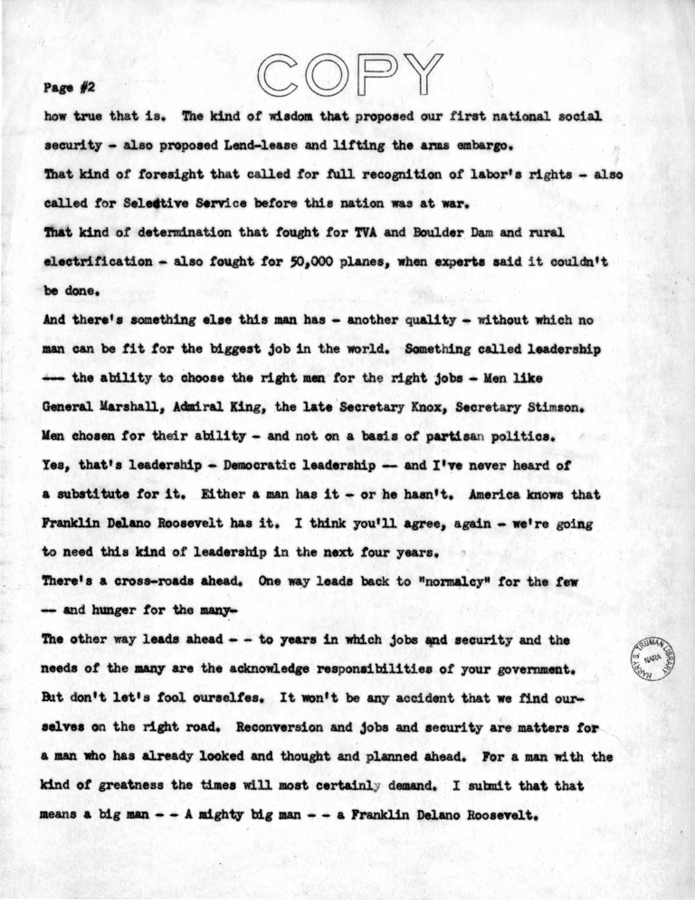 Radio Speech of Senator Harry S. Truman