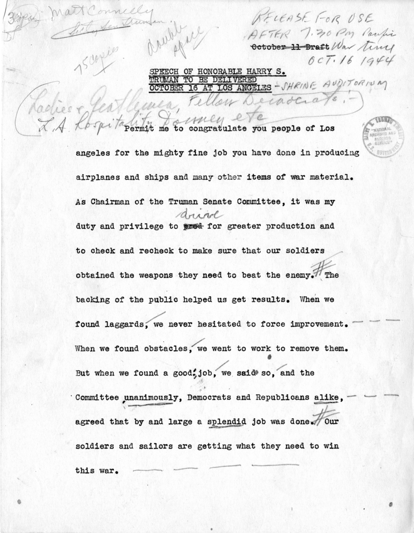 Draft Speech of Senator Harry S. Truman Delivered at Los Angeles, California
