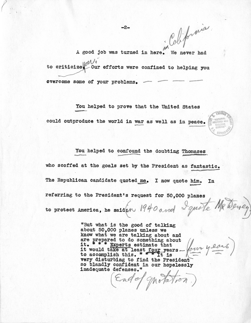 Draft Speech of Senator Harry S. Truman Delivered at Los Angeles, California