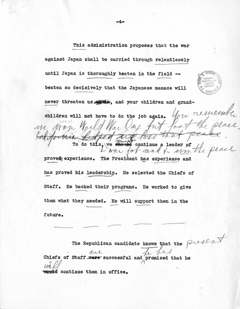 Draft Speech of Senator Harry S. Truman Delivered at Los Angeles, California
