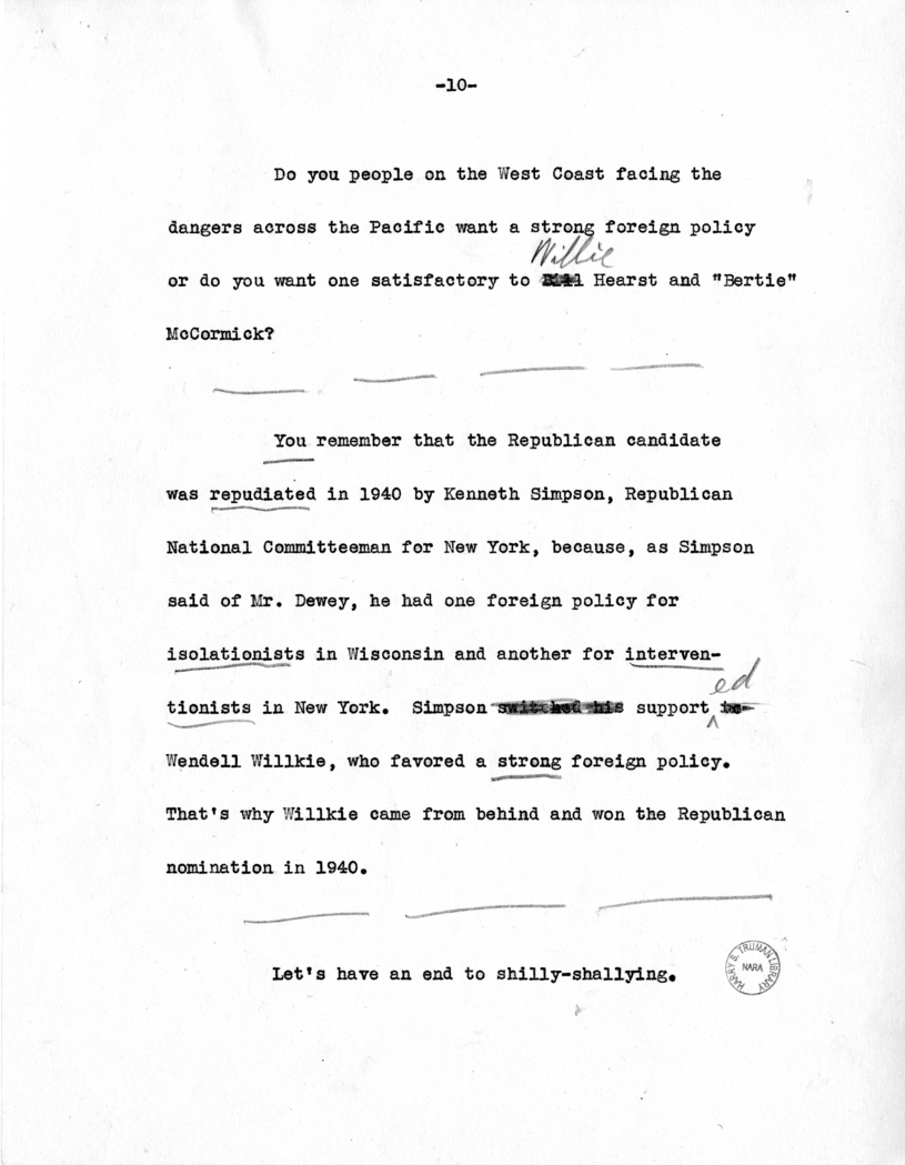 Draft Speech of Senator Harry S. Truman Delivered at Los Angeles, California