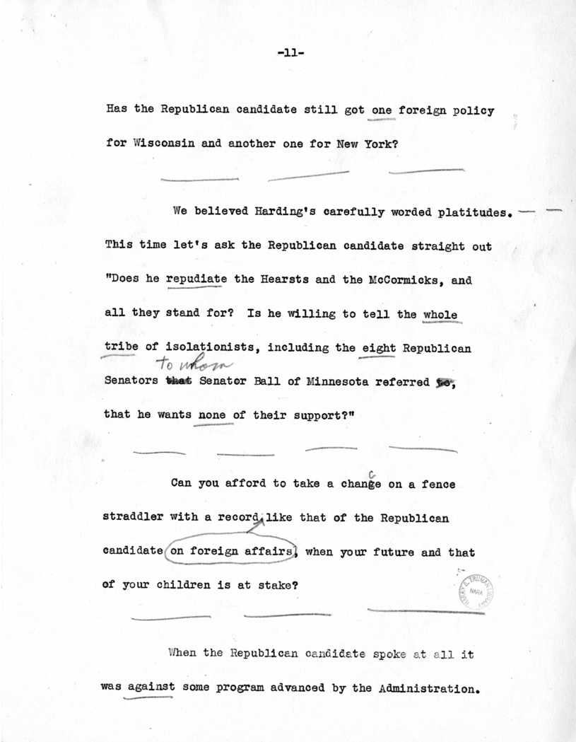 Draft Speech of Senator Harry S. Truman Delivered at Los Angeles, California