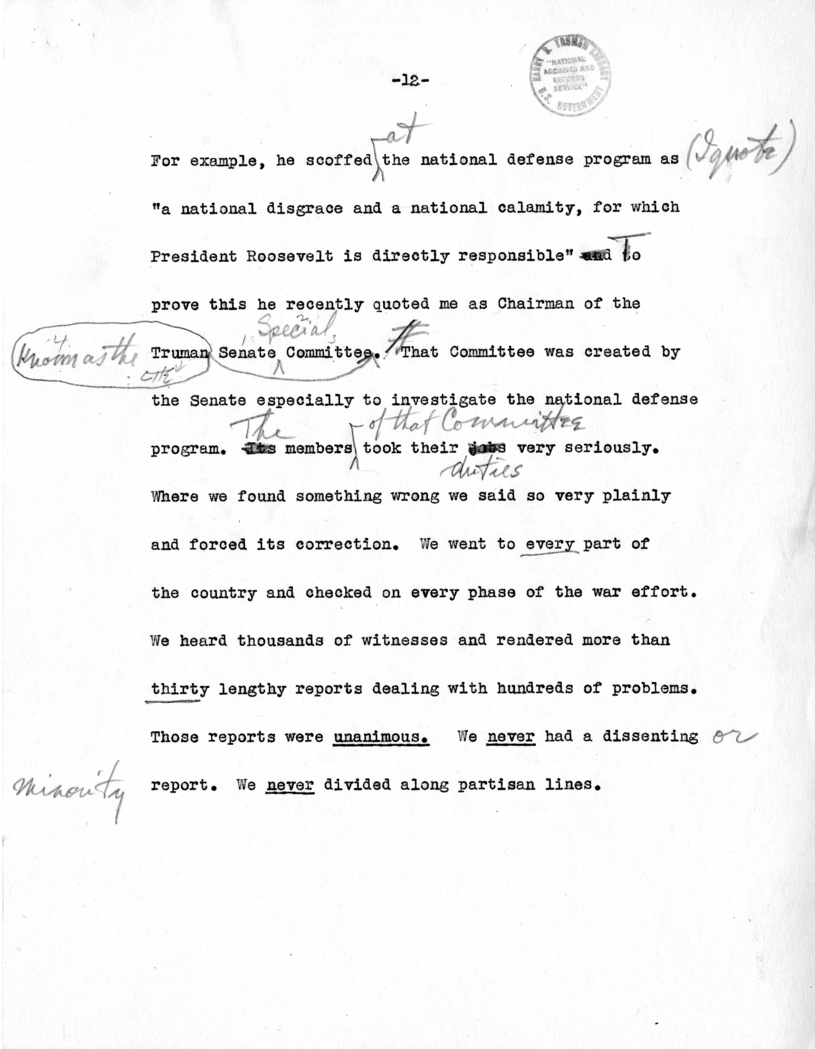 Draft Speech of Senator Harry S. Truman Delivered at Los Angeles, California