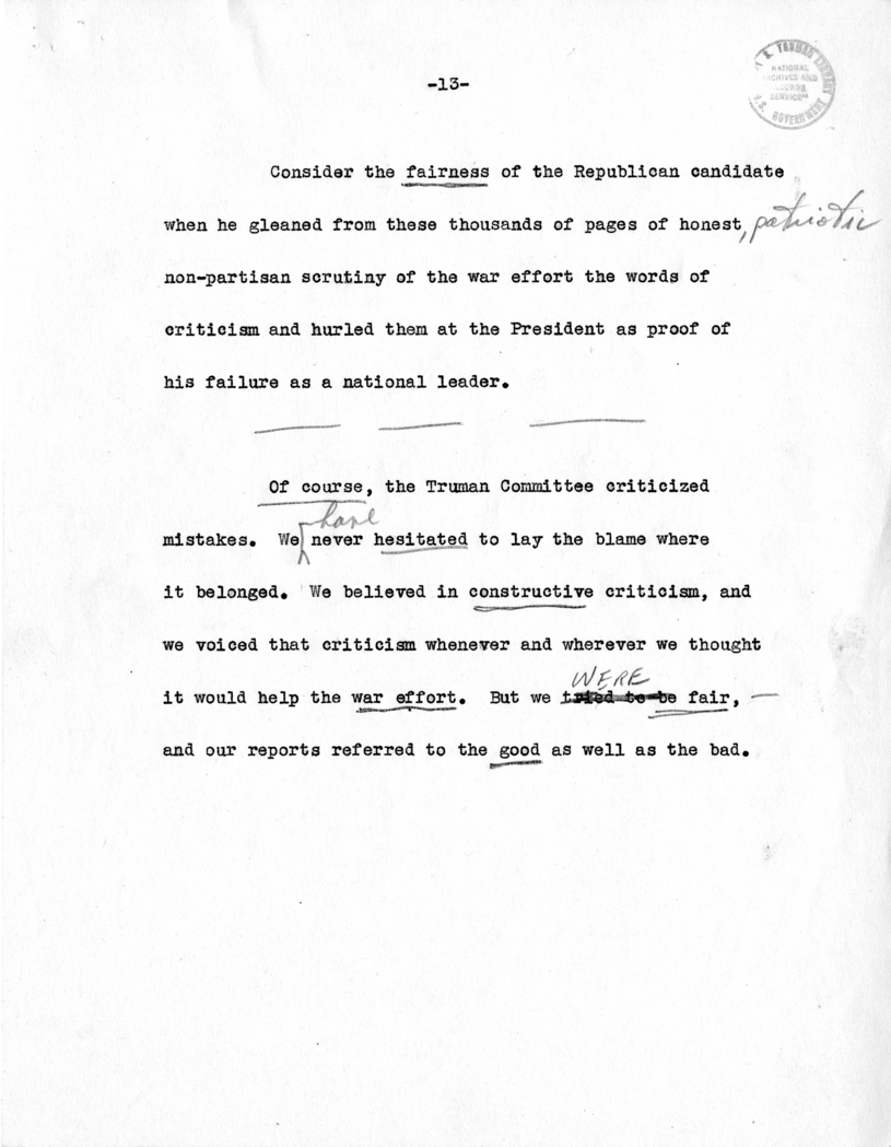 Draft Speech of Senator Harry S. Truman Delivered at Los Angeles, California