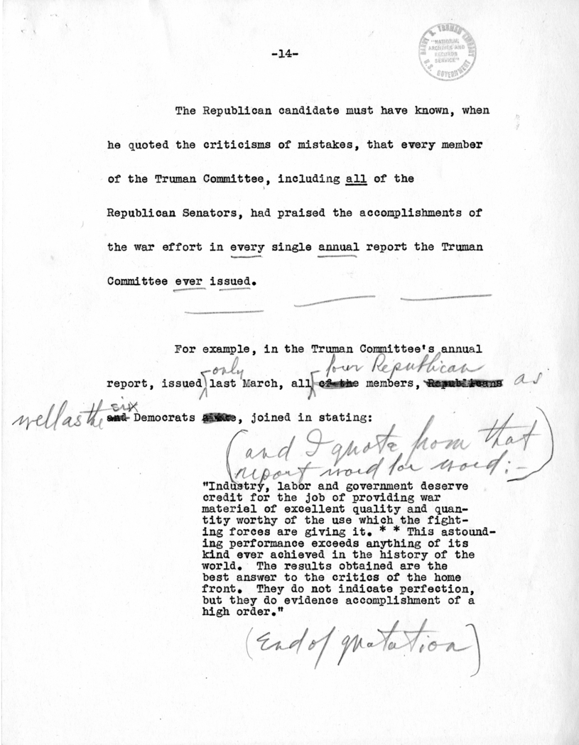 Draft Speech of Senator Harry S. Truman Delivered at Los Angeles, California