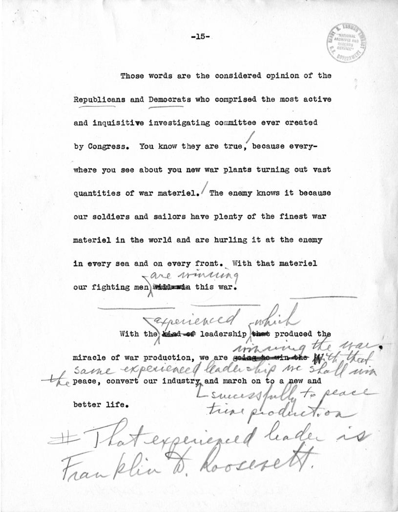 Draft Speech of Senator Harry S. Truman Delivered at Los Angeles, California