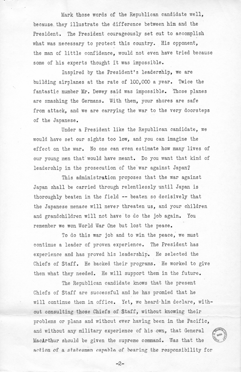 Speech of Senator Harry S. Truman at Los Angeles, California