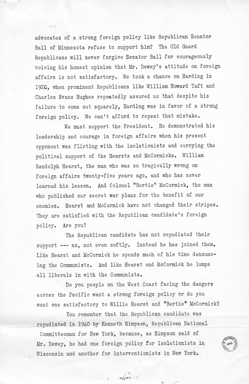 Speech of Senator Harry S. Truman at Los Angeles, California