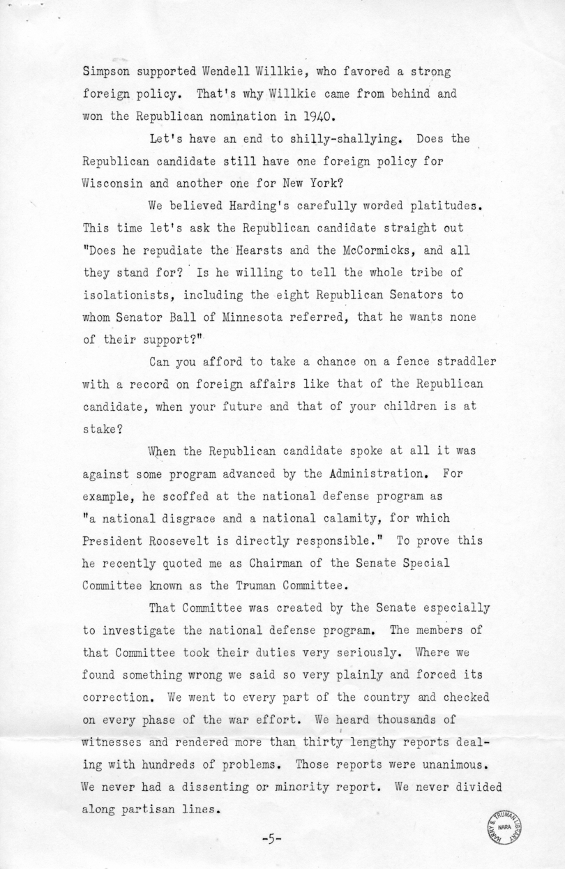 Speech of Senator Harry S. Truman at Los Angeles, California