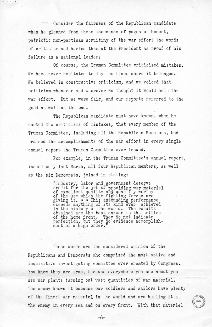 Speech of Senator Harry S. Truman at Los Angeles, California
