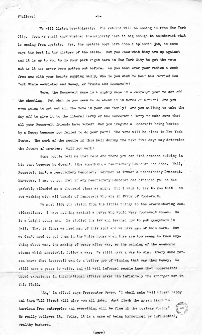 Speech by Vice-President Henry A. Wallace at New York City, New York