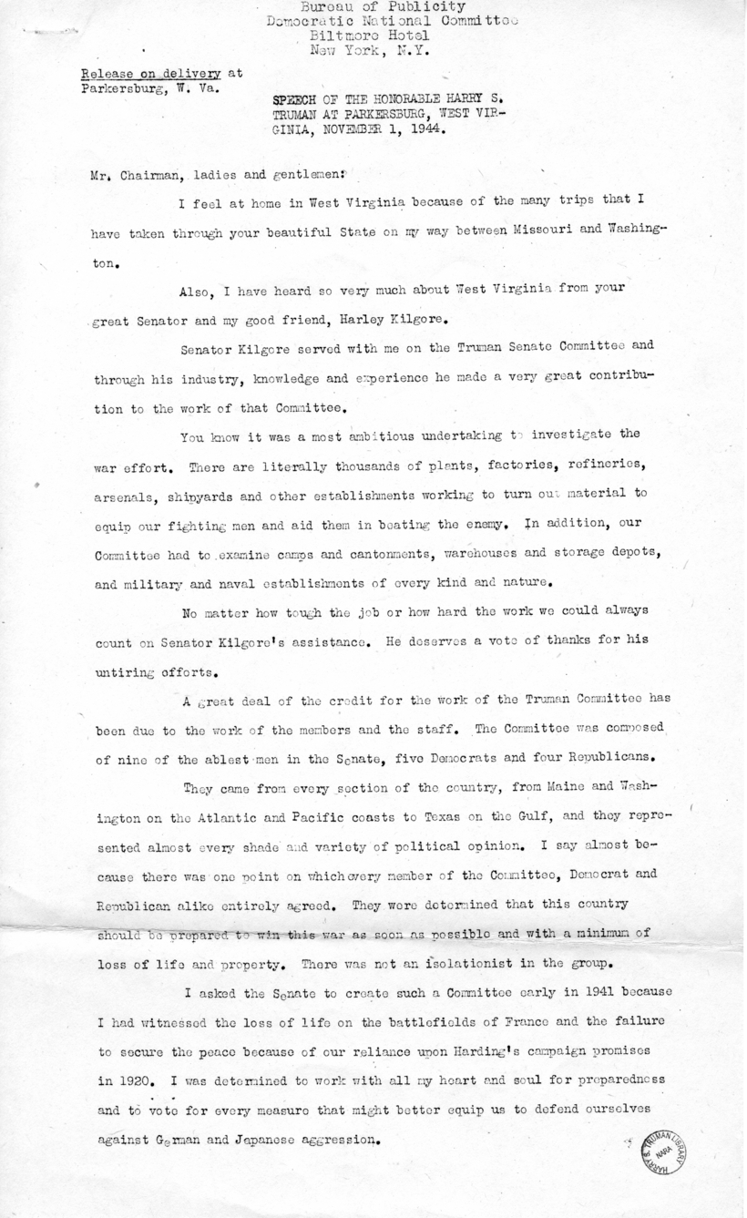 Speech of Senator Harry S. Truman at Parkersburg, West Virginia