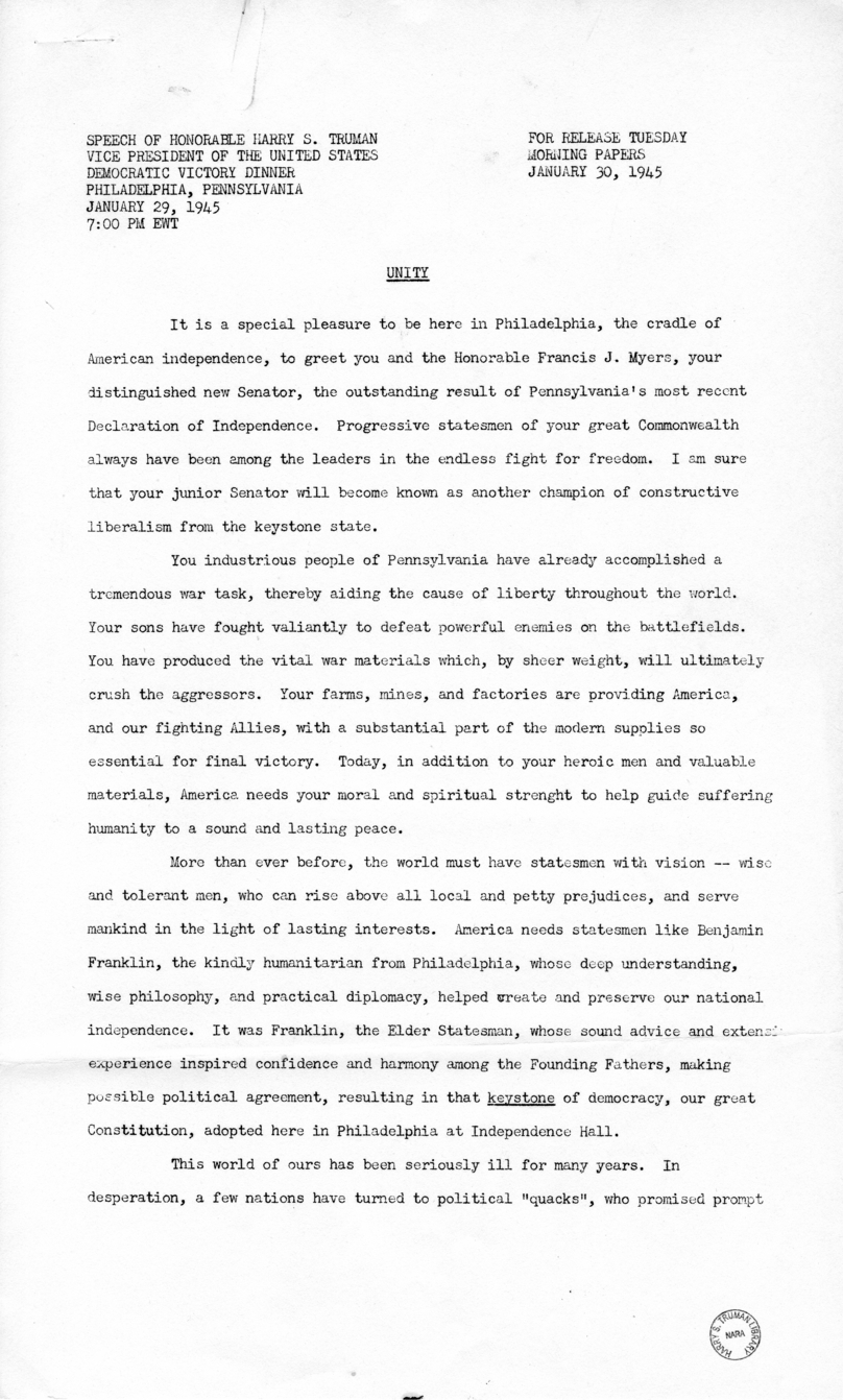 Press Release Speech of Vice President Harry S. Truman in Philadelphia, Pennsylvania