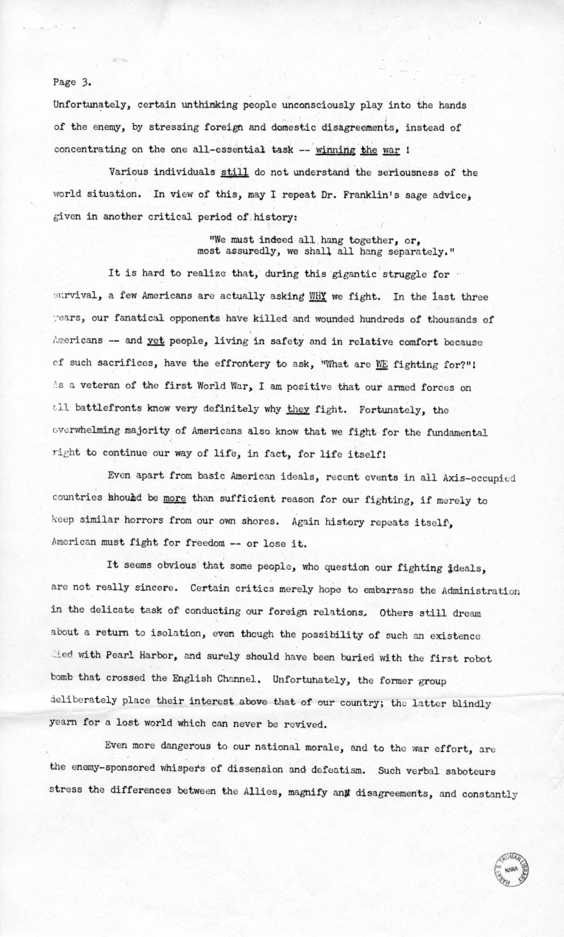 Press Release Speech of Vice President Harry S. Truman in Philadelphia, Pennsylvania