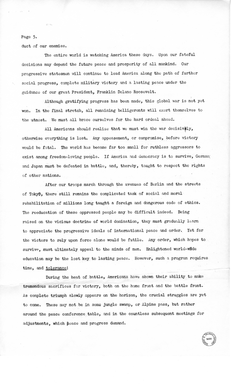 Press Release Speech of Vice President Harry S. Truman in Philadelphia, Pennsylvania