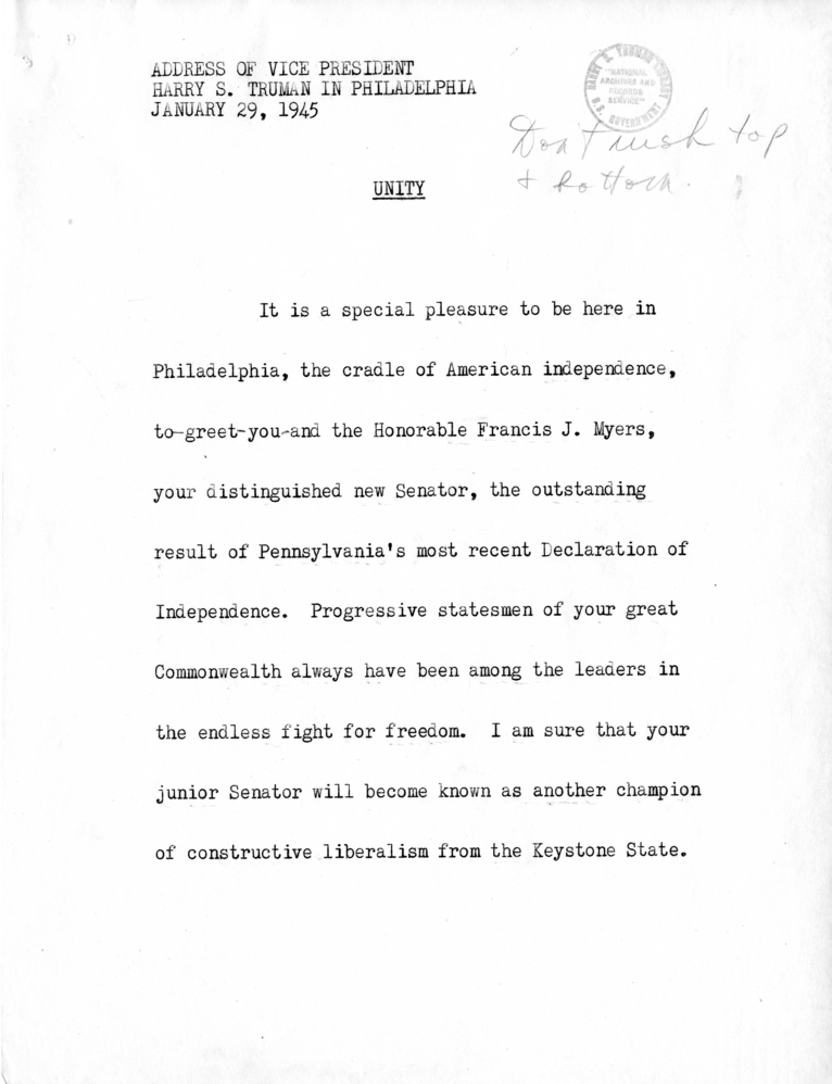 Reading Copy of Speech of Senator Harry S. Truman in Philadelphia, Pennsylvania