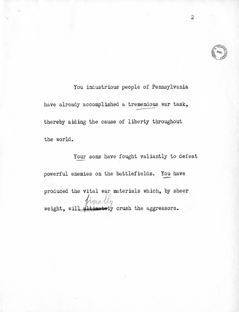 Reading Copy of Speech of Senator Harry S. Truman in Philadelphia, Pennsylvania