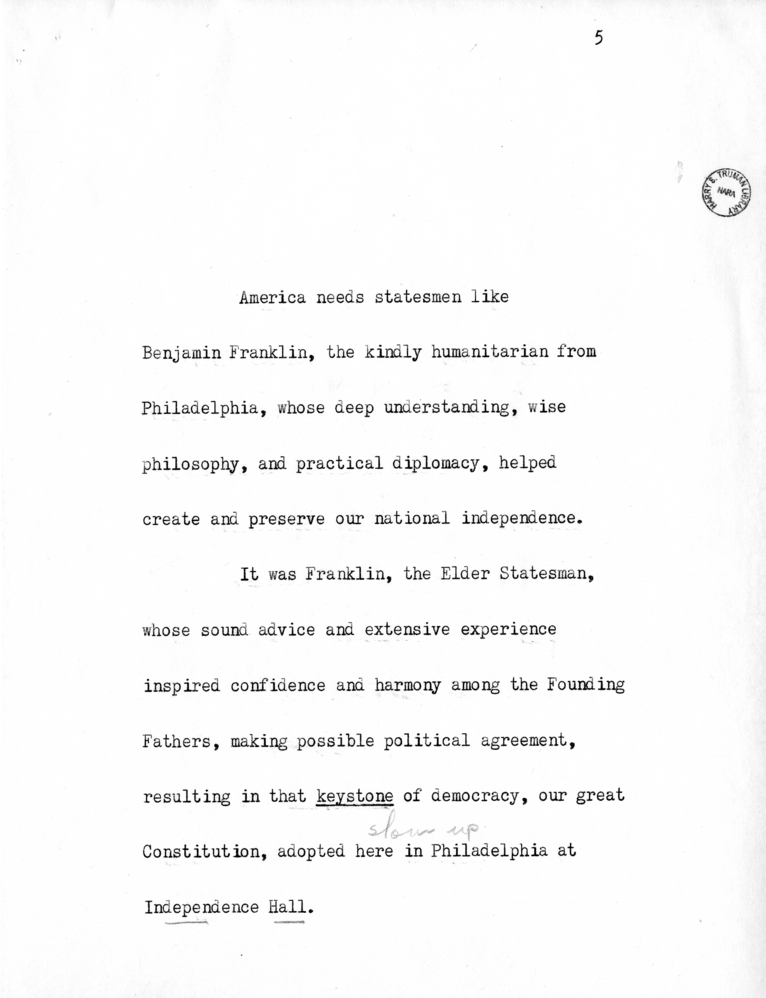 Reading Copy of Speech of Senator Harry S. Truman in Philadelphia, Pennsylvania
