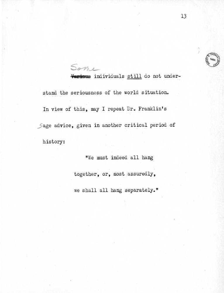 Reading Copy of Speech of Senator Harry S. Truman in Philadelphia, Pennsylvania