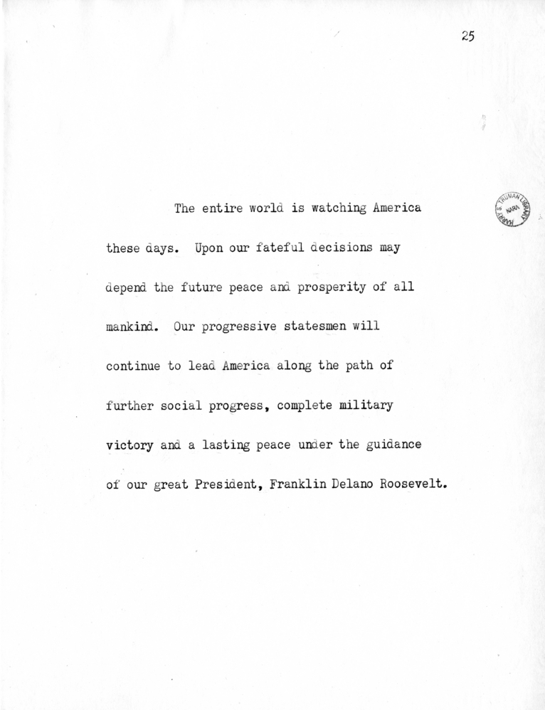 Reading Copy of Speech of Senator Harry S. Truman in Philadelphia, Pennsylvania