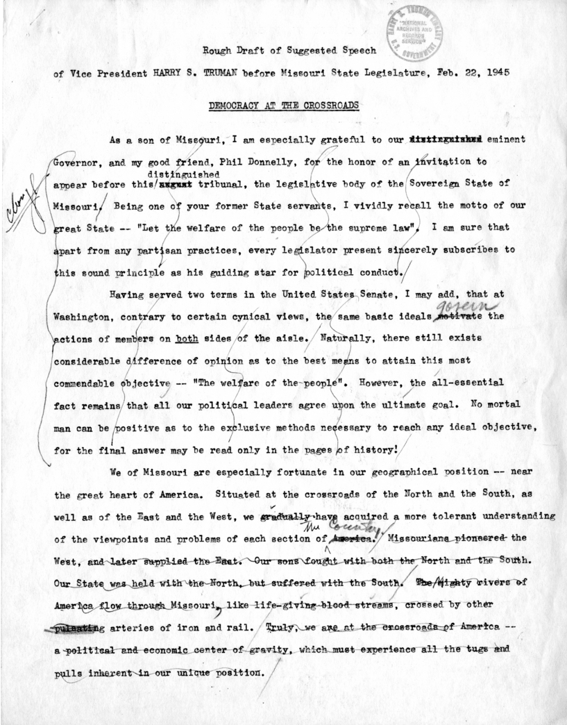 Rough Draft of Suggested Speech of Vice President Harry S. Truman Before the Missouri State Legislature