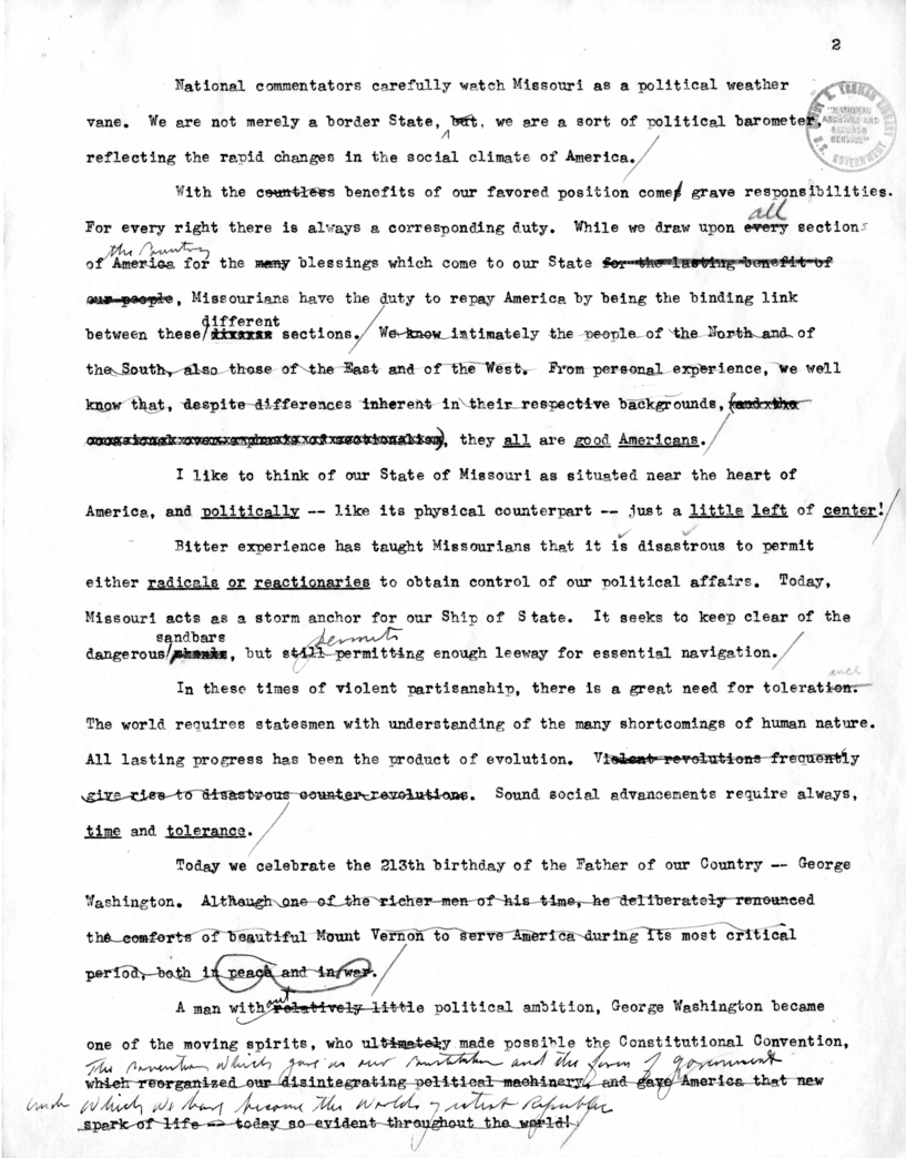 Rough Draft of Suggested Speech of Vice President Harry S. Truman Before the Missouri State Legislature