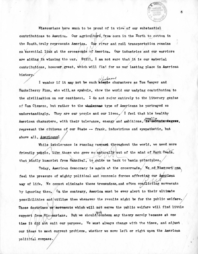 Rough Draft of Suggested Speech of Vice President Harry S. Truman Before the Missouri State Legislature