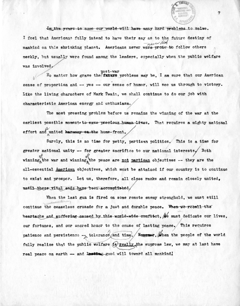 Rough Draft of Suggested Speech of Vice President Harry S. Truman Before the Missouri State Legislature