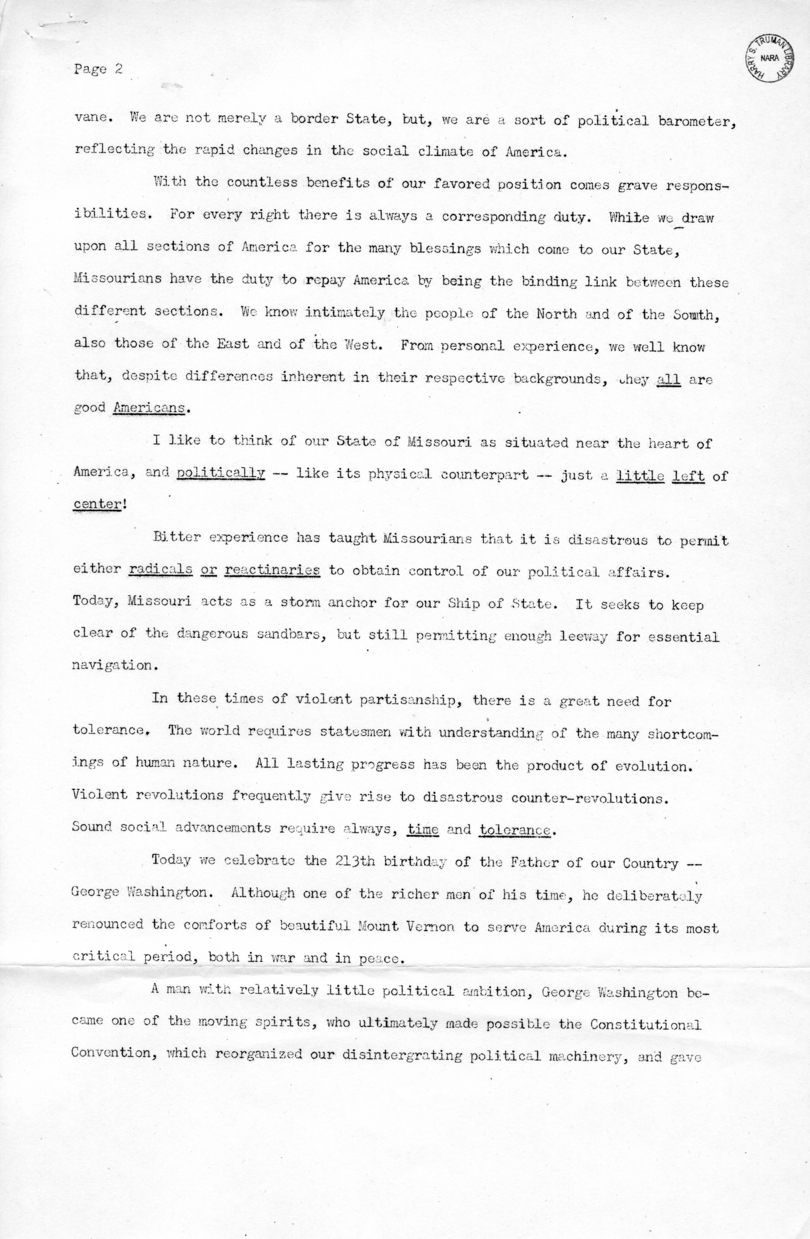 Press Release of Speech of Vice President Harry S. Truman at Jefferson City, Missouri
